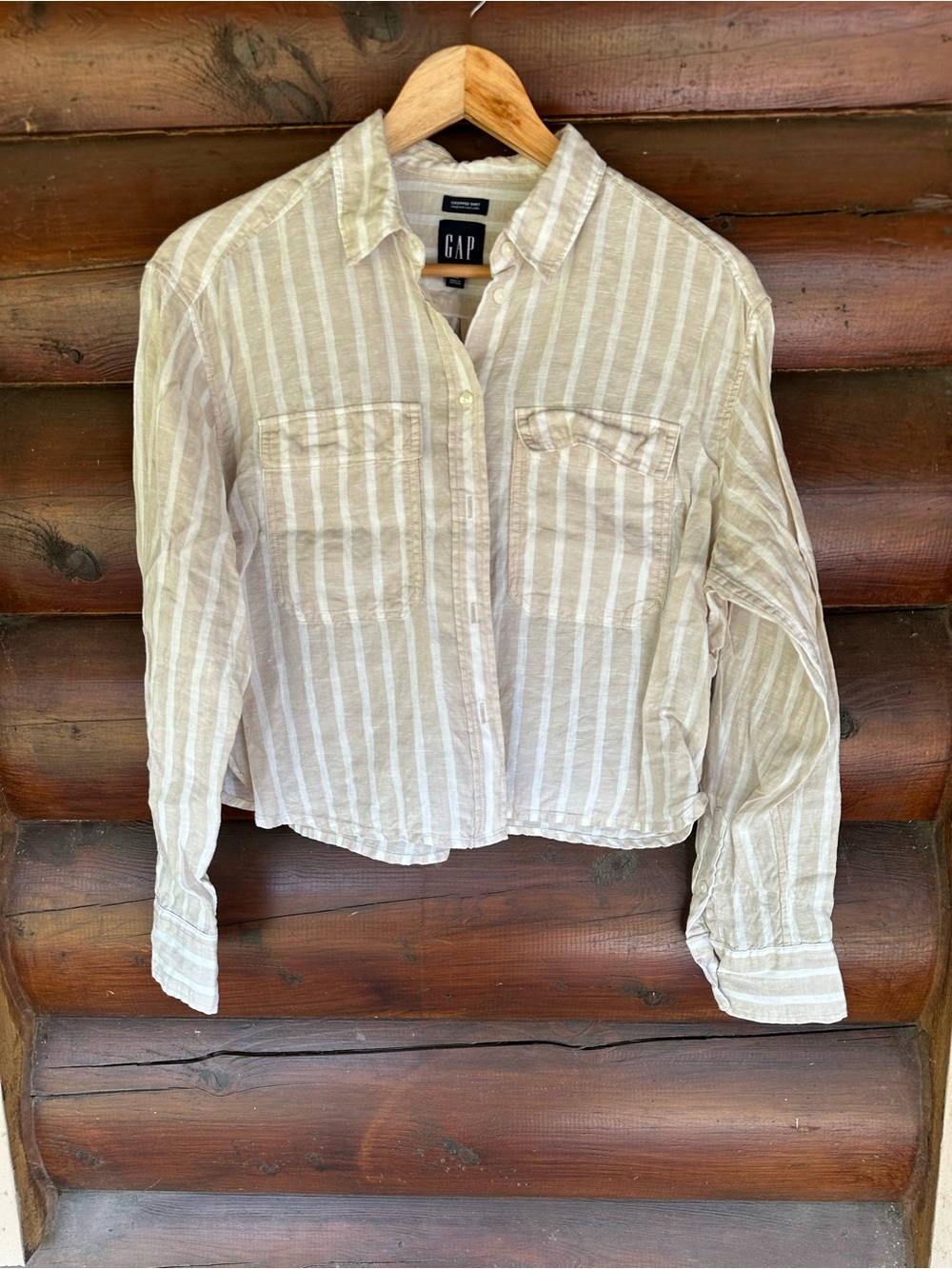GAP Striped linen Button-Up Shirt Jacket in Beige and White